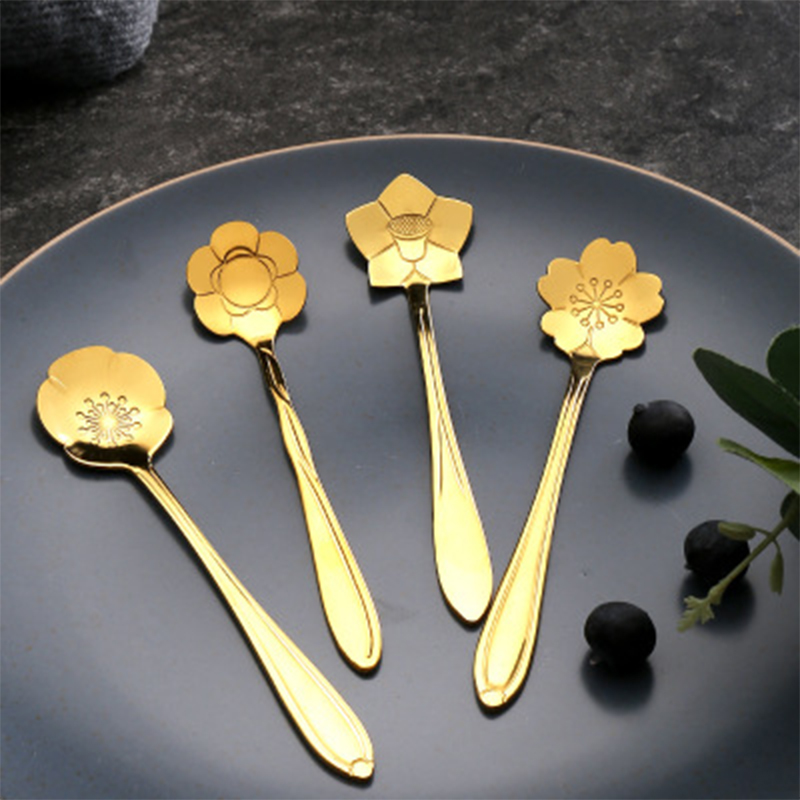 1pcs/4pcs/8Pcs/Lot Flower Shape Sugar Stainless Steel Spoon Tea Coffee Spoon Gold Teaspoons Ice Cream Spoons Kitchen Tableware