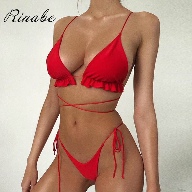 Rinabe Sexy Bikini Ruffle Swimsuit Women Deep V Neck Swimwear Solid Biquini 2020 String Bikini Set Bathing Suit Women Beackwear