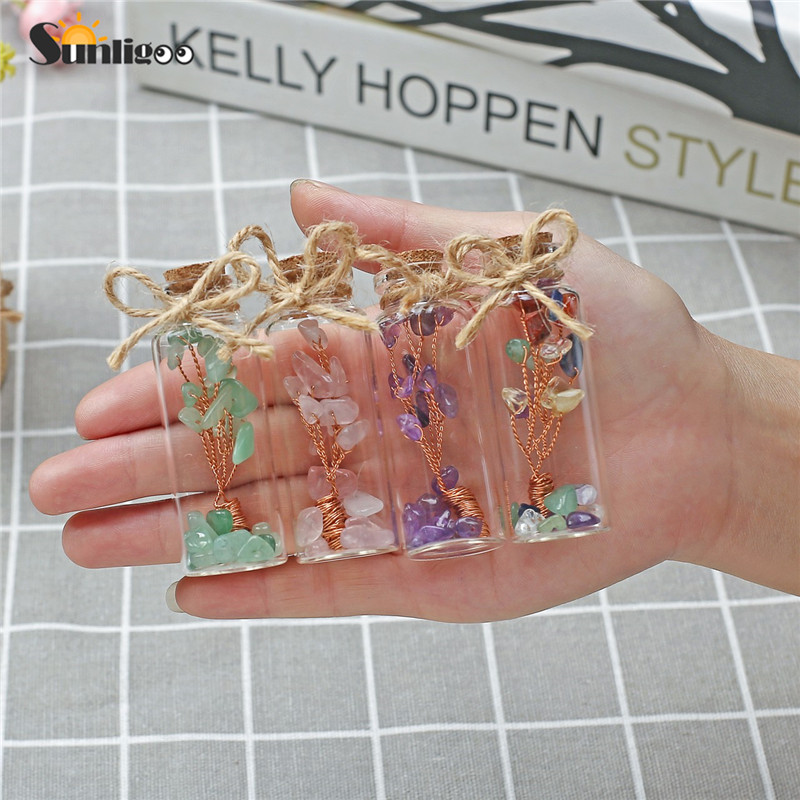 Sunligoo Mini Gemstone Wishing Bottles Tumbled Stone Chips Wire Wrapped Tree of Life Healing Crystal Stone Collection Home Decor