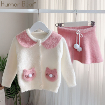 Humor Bear Autumn Winter Girls Sweater New Korean Rabbit Ear Knitwear Pocket Doll Collar Top+Skirt 2PCs Baby Clothes Set