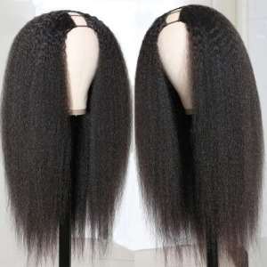Natural color cheap 30 inch light yaki u part human hair wigs for black women kinky curly u part wig human hair
