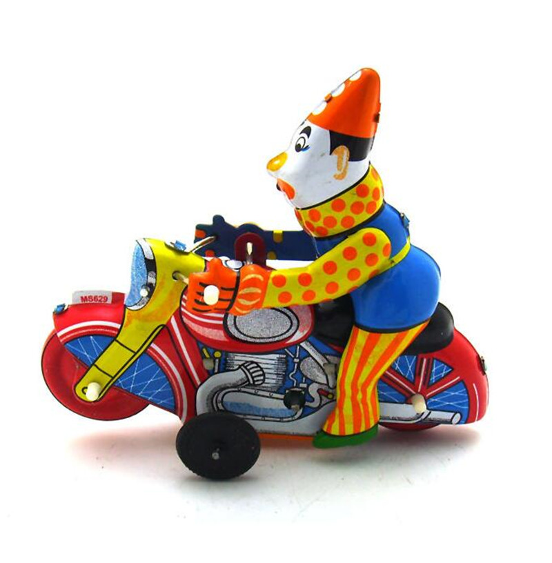 Vintage Clockwork Wind Up Clown on motorcycle toys Photography Children Kids Adult Tin Toys Classic Toy Christmas Gift