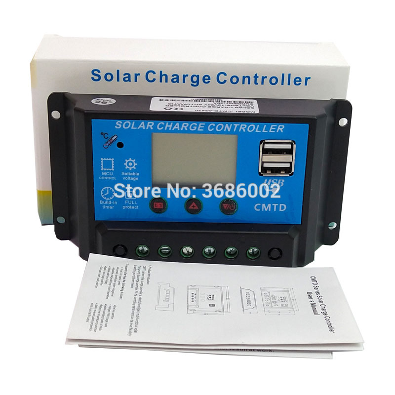24V 12V 10A/20A Auto Solar Panel Battery Charge Controller PWM LCD Display Solar Collector Regulator with Dual 5V USB Output