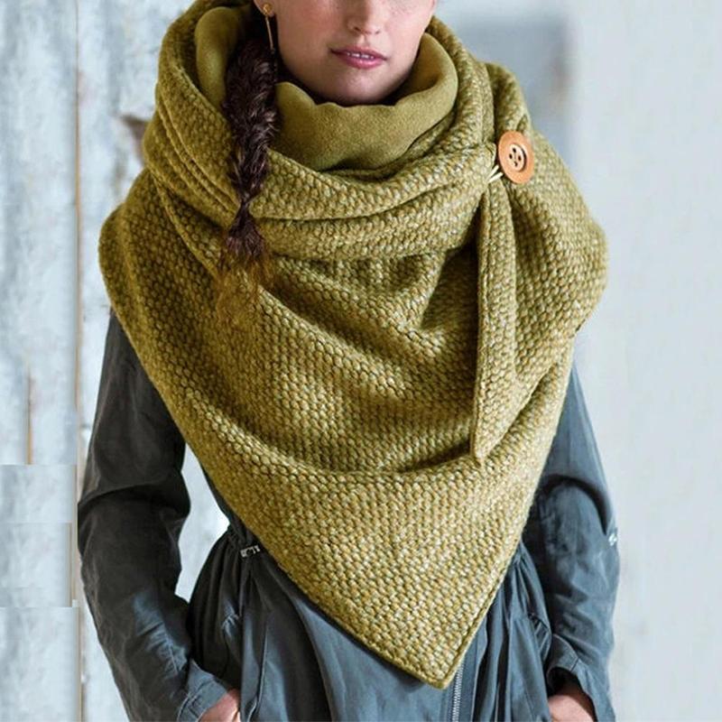 Women Winter Warm Thicken Oversized Large Scarf With Button Hook Color Ribbed Triangle Shawl Wrap Bib