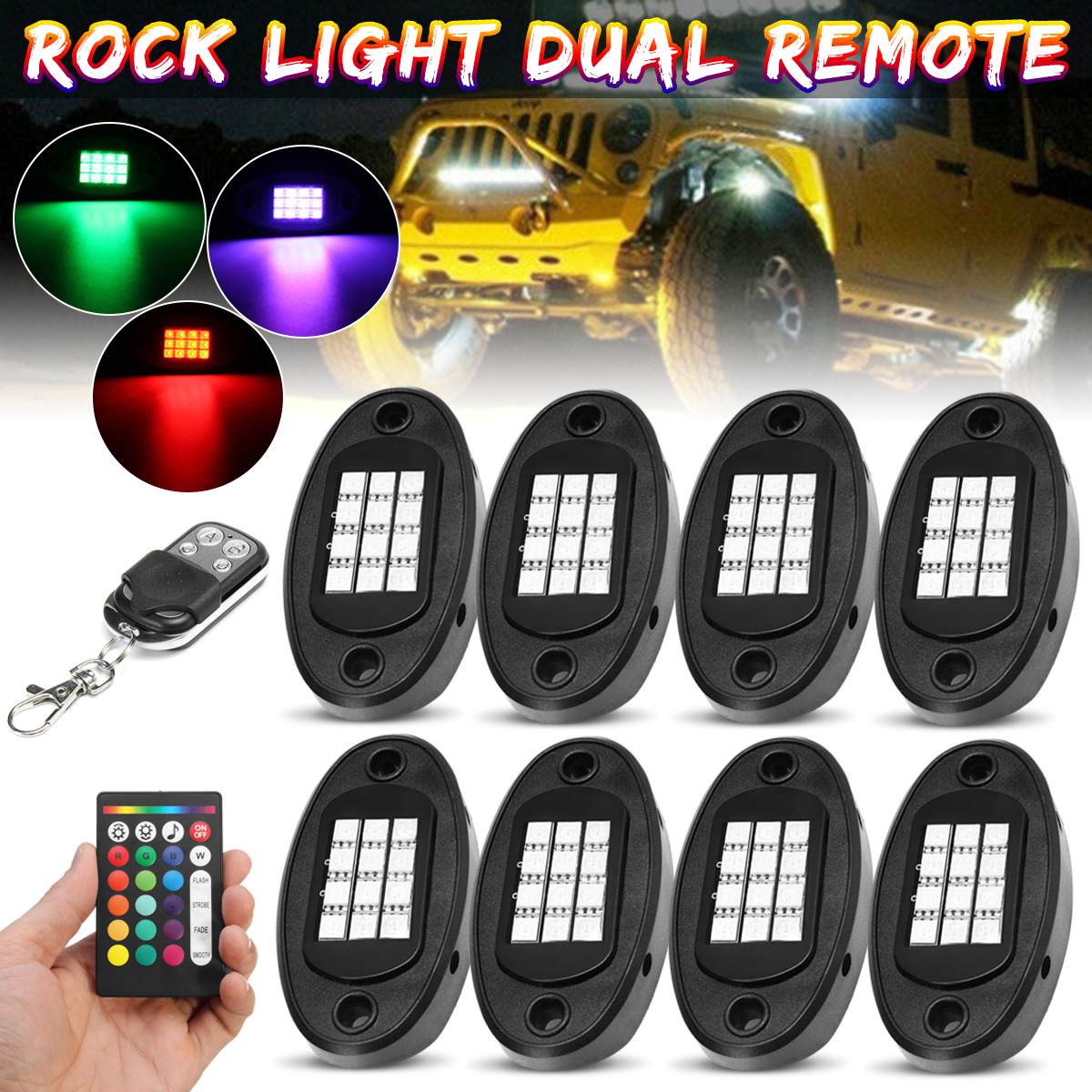 1Set 8X Rock Light RGB 96LED Under wheel light 24W bluetooth Decorative Light+Remote Control Offroad Truck SUV ATV Rock Lamp