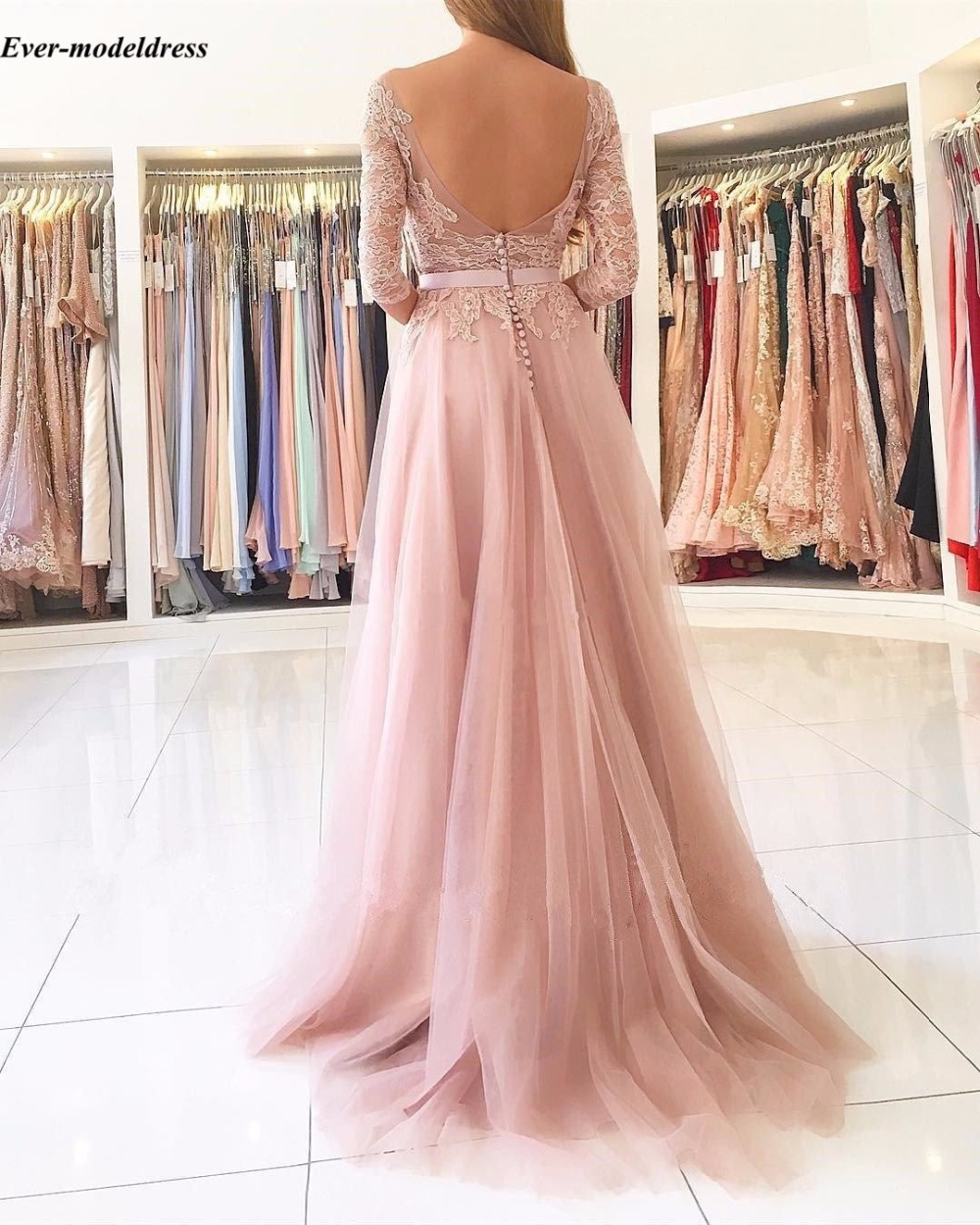 Blush Pink Bridesmaid Dresses 2020 Sexy A-Line High Split Backless Lace Long Sleeve Floor Length Wedding Guest Prom Party Dress