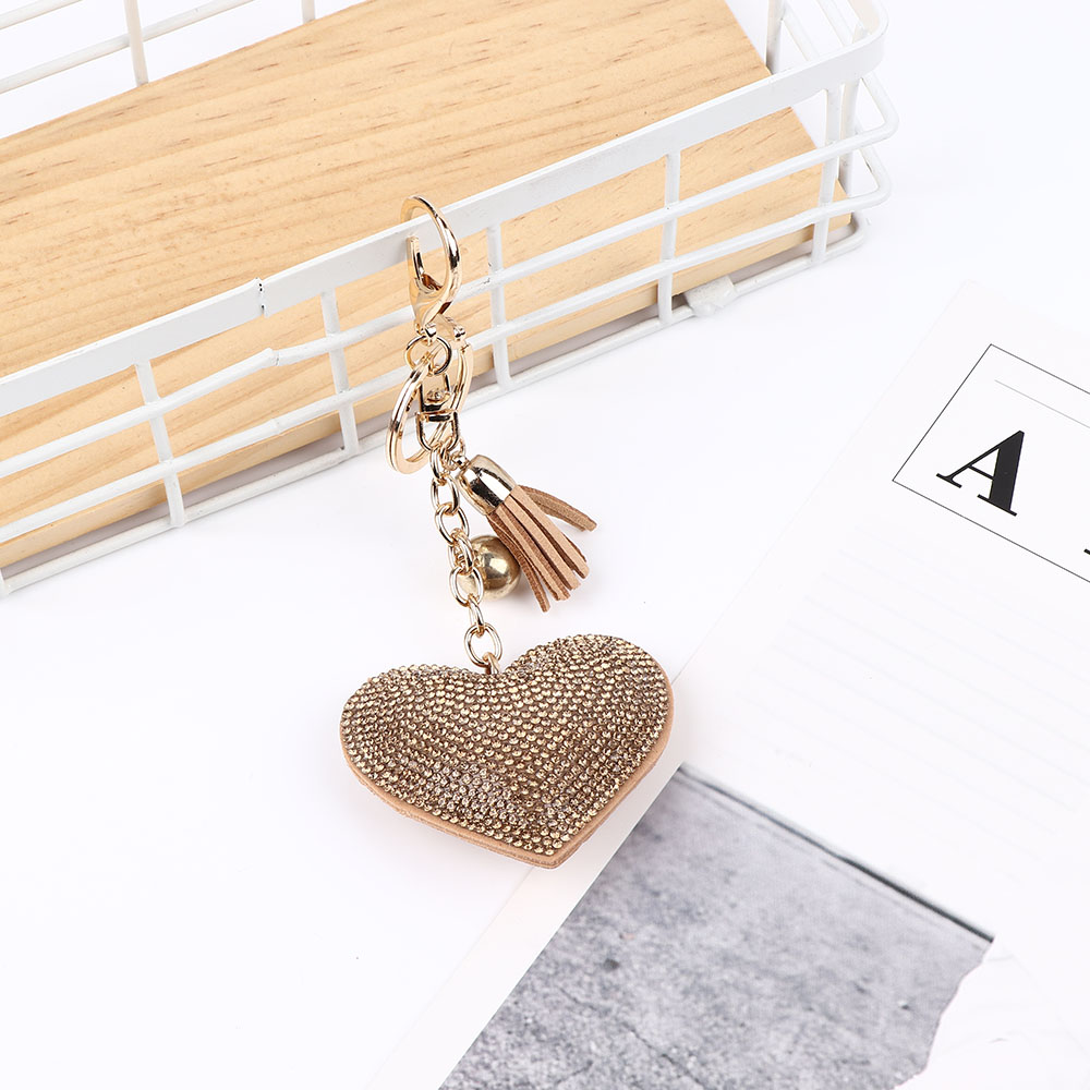 Love Heart Keychain Crystal Rhinestone Beads Key Ring Handbag Hanging Pendant Charms Long Tassel Golden Chain Bag Car Jewelry