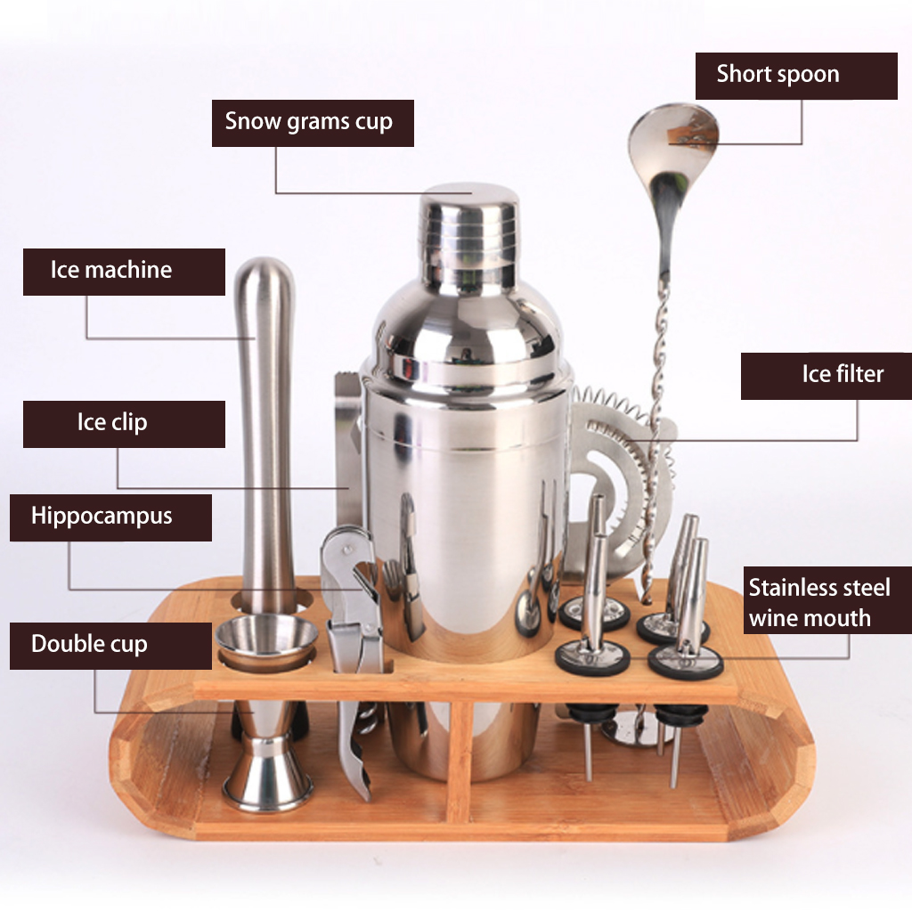 8PC/12PCS Cocktail Shaker Bartender Kit Stainless Steel Wine Drinking Mixer Bartending Tool with Wooden Stand for Home Bar Party