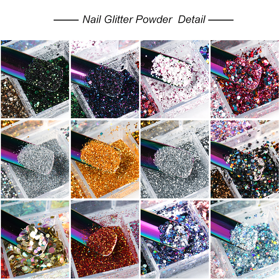 Holographic Nail Glitter Flakes Sequin 12pcs in 1 Rose Gold Silver DIY Butterfly Dipping Powder for Acrylic Nails Tools CH1585