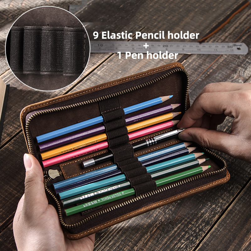 Genuine Cow Leather Zipper Pen Pouch Pencil Bag Pen Bag Retro Pencil Case School Stationery Bag For Fountain Pen Simple Style