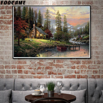 FOOCAME Thomas Kinkade Mountains Nature Landscape Painting Poster Art Print Silk Decoration Living Room Wall Pictures Home Decor