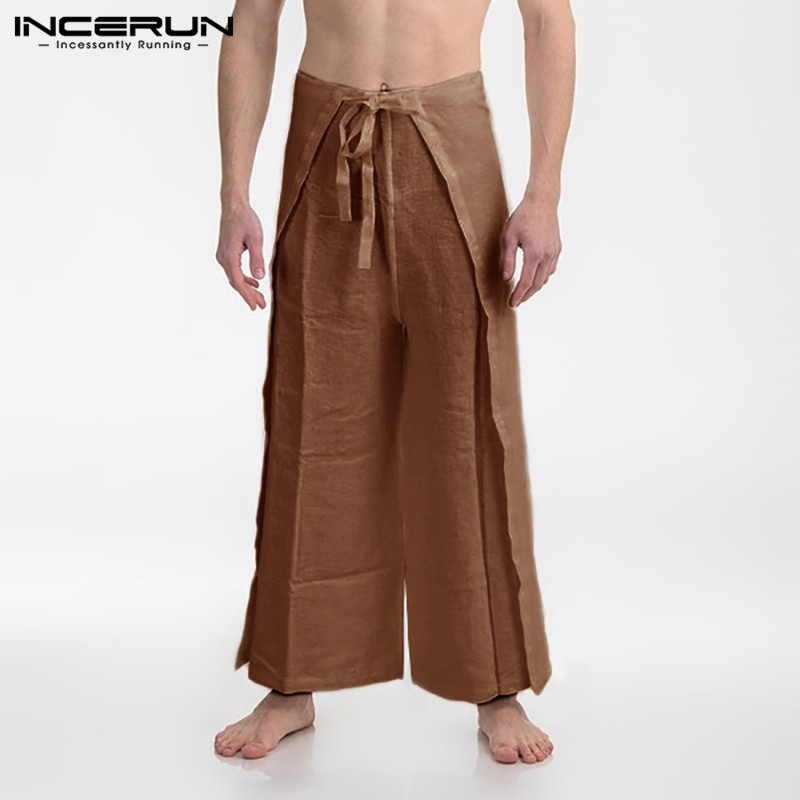 INCERUN Solid Color Men Wide Leg Pants Joggers Lace Up Streetwear Casual Loose Thai Trousers Men Cotton Fisherman Pants S-5XL