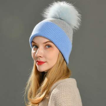 Women Winter Hats Cashmere Knitted Wool Cap Real Fur Ball Top Striped Knitted Hat Female Fashion Cap Ladies Hedging Wool Beanie