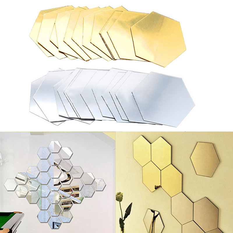 12Pcs 3D Hexagon Acrylic Mirror Wall Stickers DIY Art Wall Decor Stickers Living Room Mirrored Sticker Gold Home Decoration