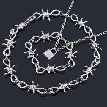 SG Punk Thorns Necklace Padlock Barbed Wire Bramble Lock Rock Chain Bracelet Oorbellen Hip Hop Collar Lady Girl Fashion Jewelry
