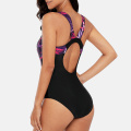 Anfilia Women One Piece Sports Swimsuit Sports Swimwear Color Block Print Monokini Beach Bathing Suit Fitness Bodysuit