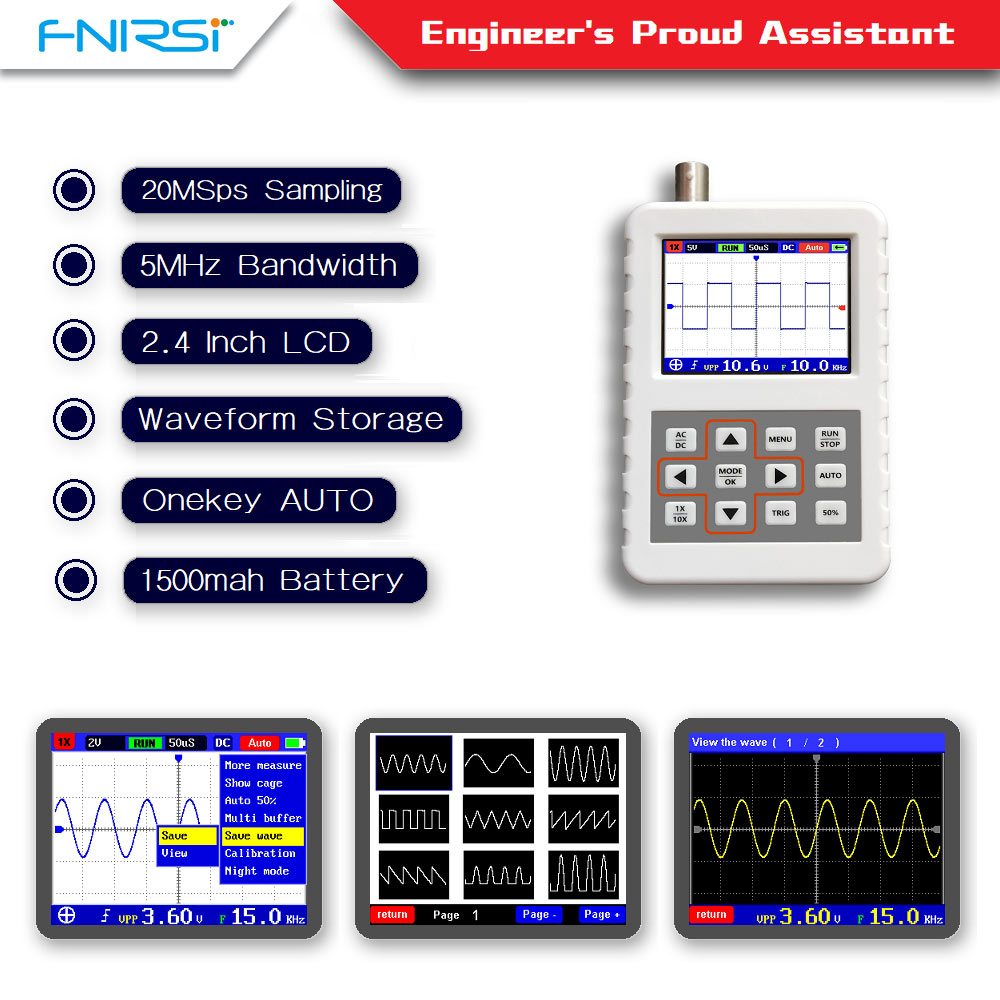 DSO FNIRSI PRO Handheld mini portable digital oscilloscope 5M bandwidth 20MSps sampling rate with P6020 BNC standard probe