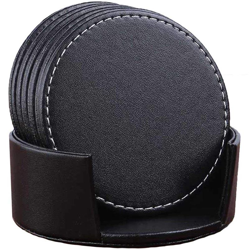 HOT-Set of 6 Leather Drink Coasters Round Cup Mat Pad for Home and Kitchen Use Black