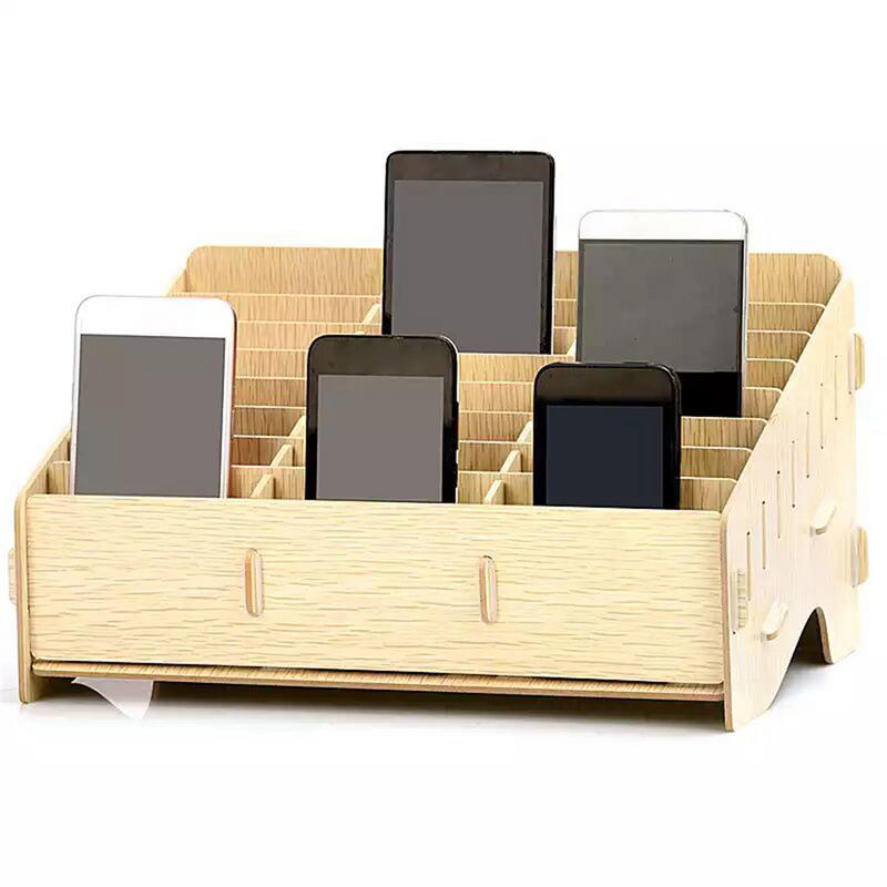 Wooden mobile phone management storage box creative desktop office meeting finishing grid multi cell phone rack shop display 40