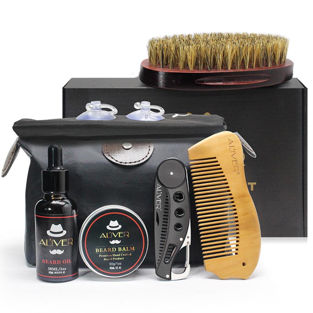 7 Pcs/set Men Beard Care Kit Beard Comb Pig Bristle Brush Beard Growth Cream Beard Oil Styling Cleaning Adult Costumes Beard Kit