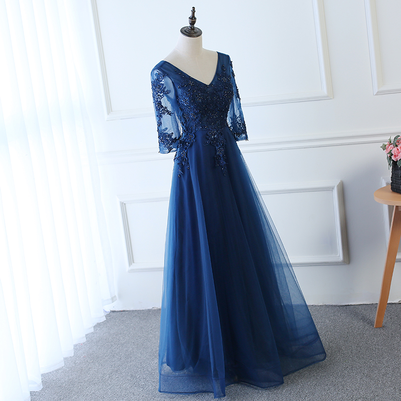 Hot Long Evening Dress Dark Blue Lace Embroidery 3/4 Sleeved Banquet Mother Of The Bride Dresses Robe De Soiree