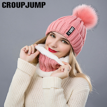 GROUPJUMP Fashion Winter Women Hat and Scarf Set 2 Pieces Thicken Warm Beanies Hats Pompoms For Girls Ring Scarf Plus Velvet