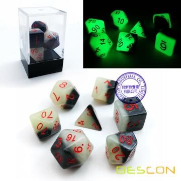 Bescon Gemini Glowing Polyhedral Dice 7pcs Set GREEN DAWN, Luminous RPG Dice Set d4 d6 d8 d10 d12 d20 d%, Brick Box Packaging