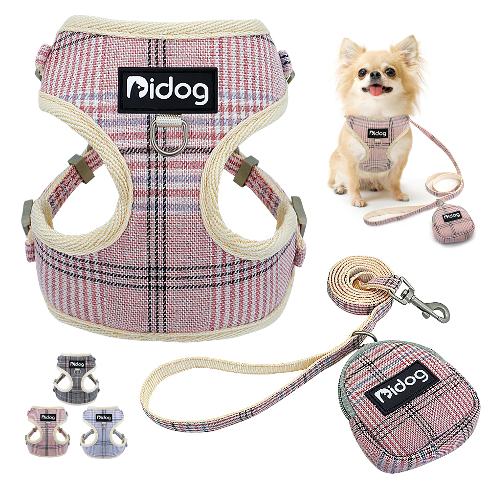 Mesh Nylon Dog Harness and Leash With Snack Bag Plaid Dogs Cat Vest Harness Pet Walking Lead Leashes Belt For Small Dogs Cats