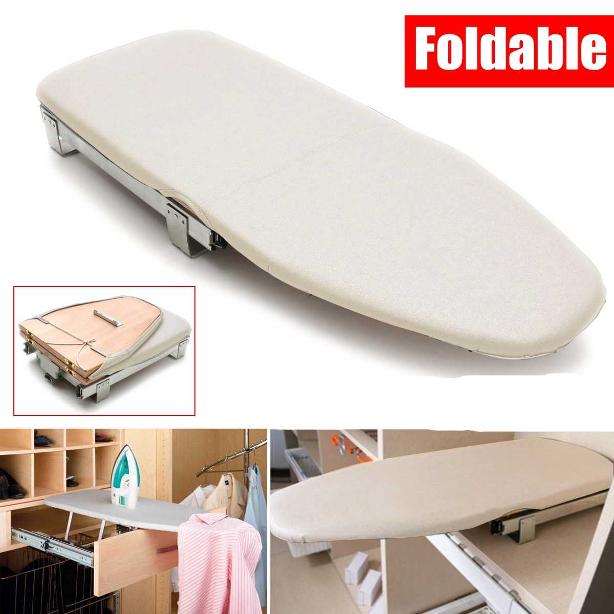 Wooden Ironing Board Folding Ironing Board Heat Resistant Space Saving Carbinet Drawer Mounted with Ironing Board Cover Pull Out