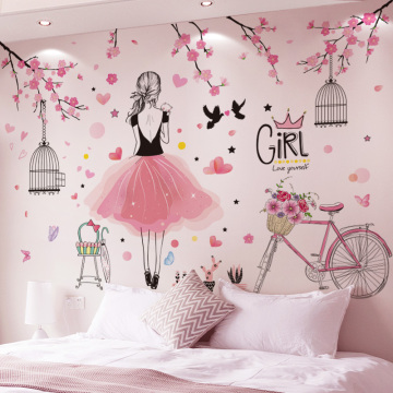[shijuekongjian] Cherry Flowers Bicycle Wall Stickers DIY Cartoon Girl Mura Decals for House Living Room Kids Bedroom Decoration