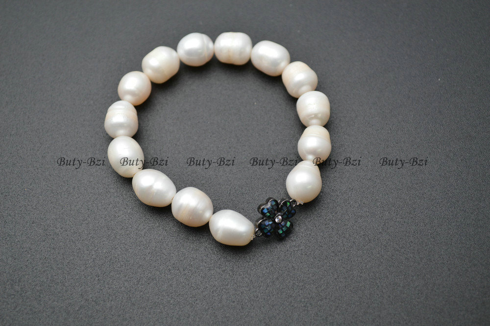Natural Fresh Water Pearl Potato Beads Paved Abalone Shell Metal Clover Charm Stretch Bracelets High Quality Fashion Jewelry