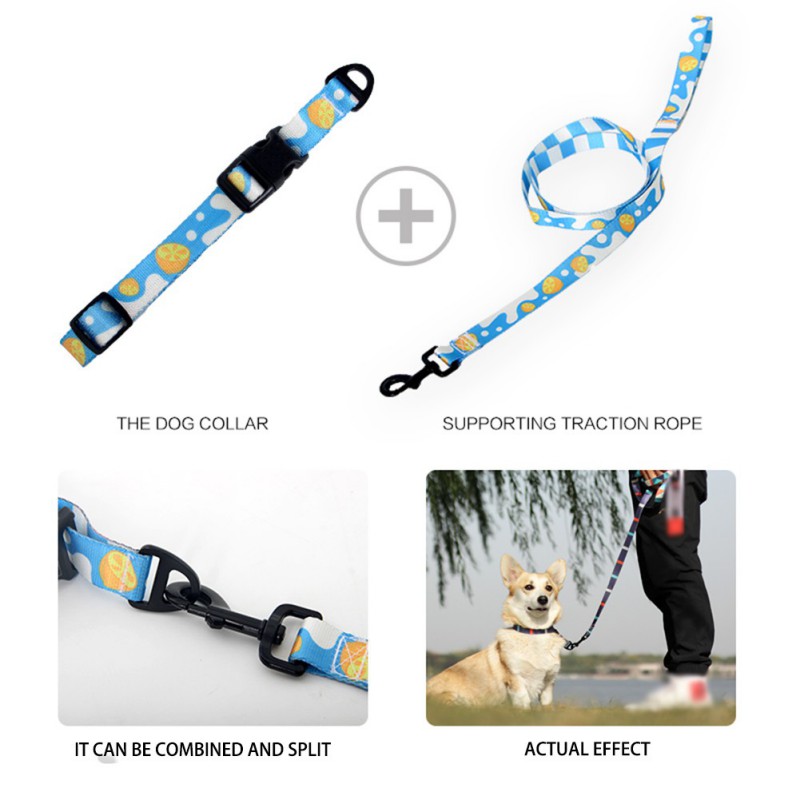 Dog Collar Leash Comfortable Diving Cloth Traction Rope Set Lining Printing Anti-Strangle Walking Training Pet Supplies S-L