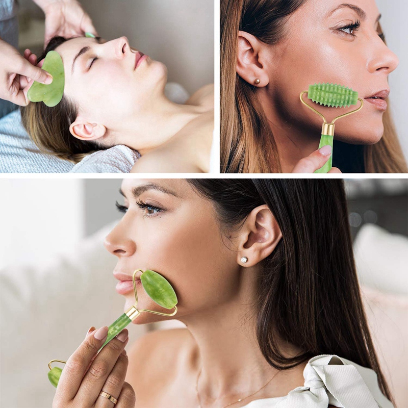 Natural Jade Roller Thin Face Massager Lifting Tools Facial Gua Sha Green Stone Anti-Aging Wrinkle Skin Beauty Care Set