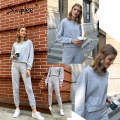 Simplee Three-piece women's sports suit Light grey hoodie sweatshirt sets High street elegant female casual tracksuit 2020