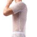 Men Undershirts Shorts Sleeve Hollow Out T-shirts Sexy Mesh Fishnet Shirts Sheer Slip Sleepwear Sports Causal Loose Top Camiseta