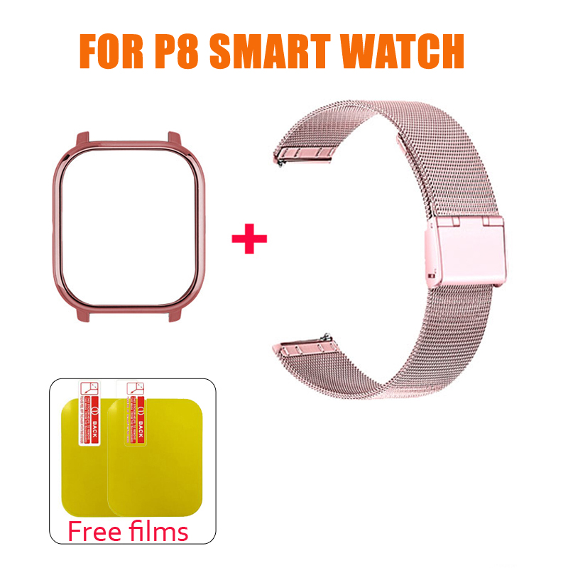 P8 Strap Case Protector Film Metal Bracelet P8 Watch Strap 20mm P8 1.4 inch Smart Watch Protector Case Wrist Band Milanese