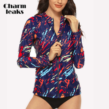 Charmleaks Women Long Sleeve Rash Guard Shirts Zip Rashguard Top Zebra Print Swimwear Surf Top Diving Shirt UPF 50+