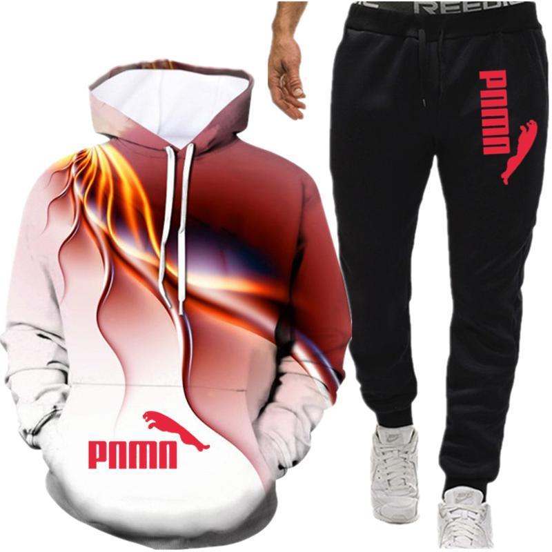 2020 3D new men's winter running sportswear suit sweatshirt sweatpants training hoodie and pants 2-piece outdoor sportswear jack