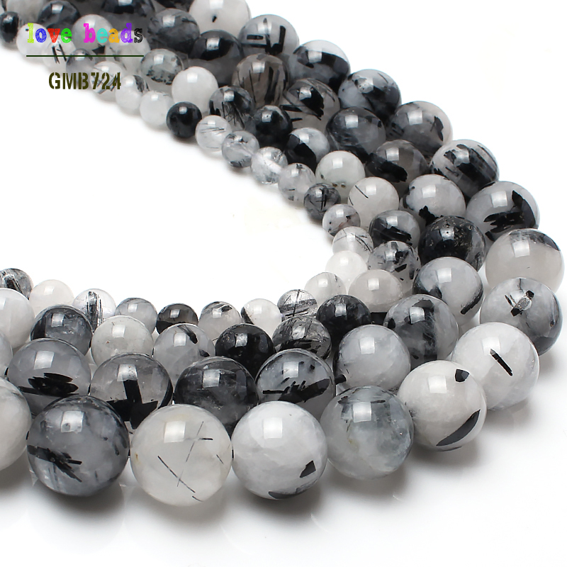 natural stone beads black quartz rutilated round stone beads for jewelry making 15inches/strand 6/8/10/12mm