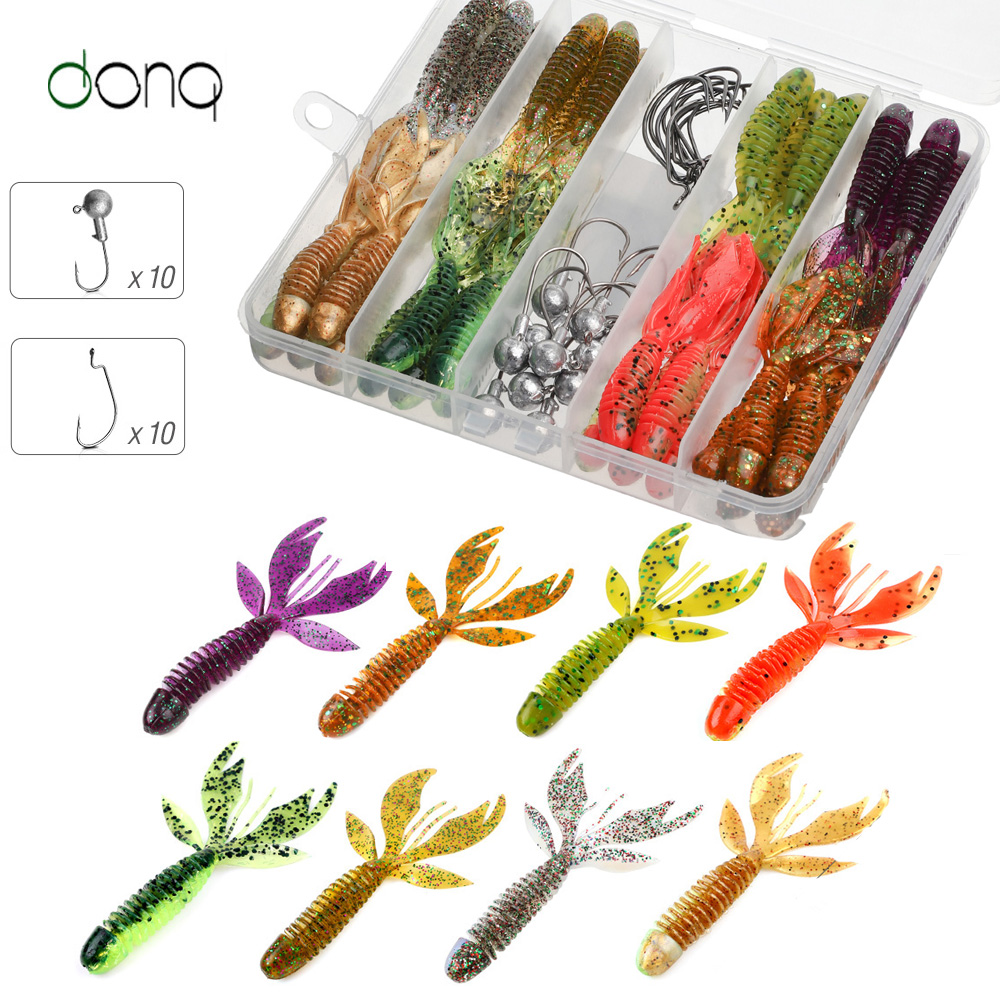 DONQL 40Pcs Worm Fishing Soft Lure 2.4g 75m Artificial Silicone Fork Tail Swimbait Fishy Smell Bait 20 Pcs Fishhook Fishing Lure