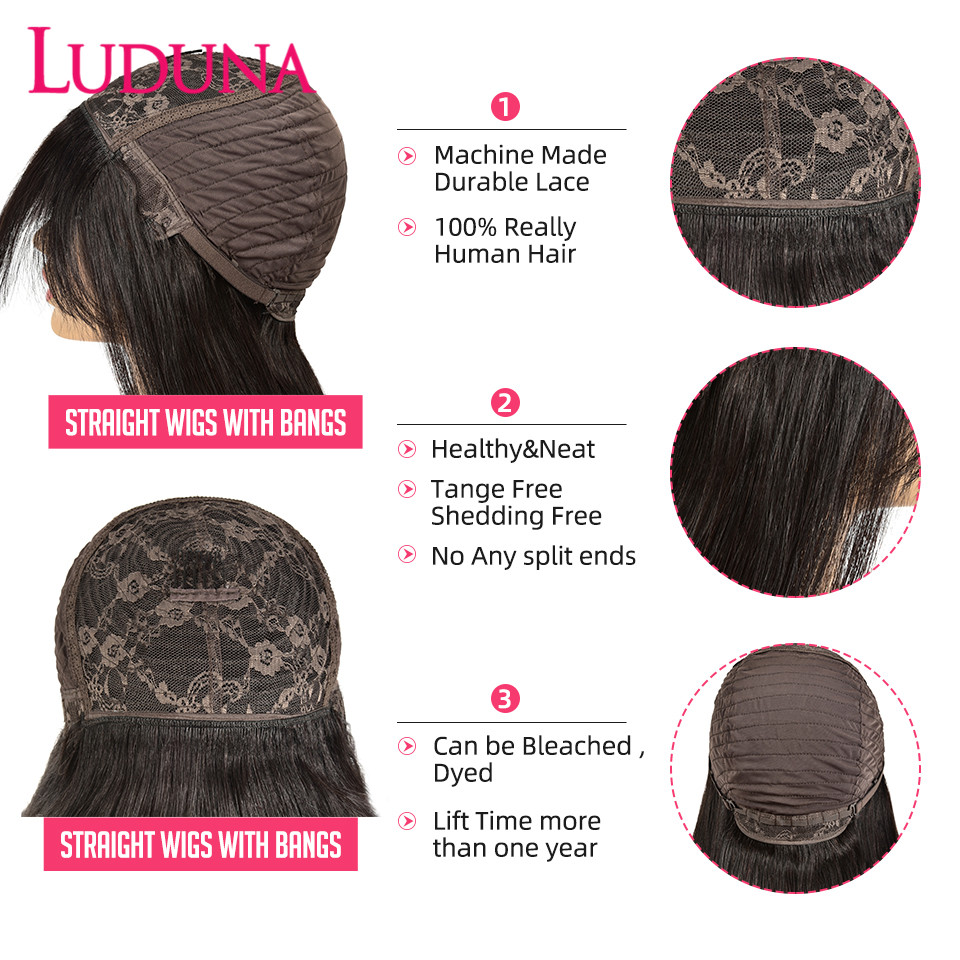 Luduna Straight Human Hair Wigs With Bangs Brazilian Full Machine Made Human Hair Wigs For Women 150% Remy Hair Wig