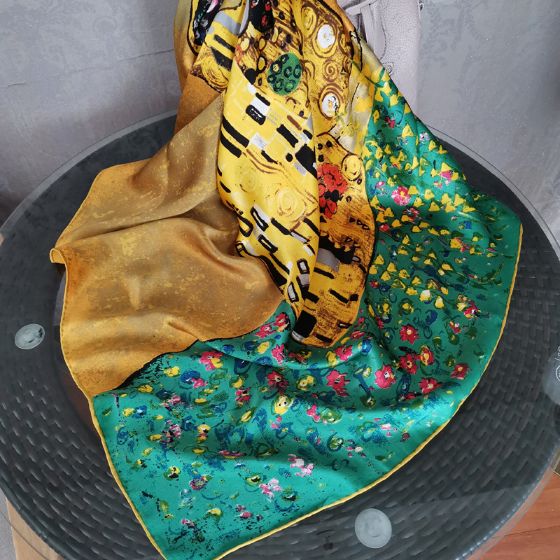 12MM 100% Real Silk Scarf Gustav Klimt Oil Painting Square Shawls and Wraps Luxury Der Kuss Print Bandana Foulard 90cm*90cm