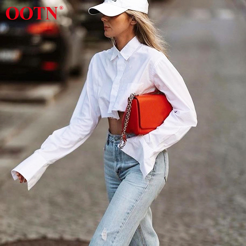 OOTN White Sexy Crop Top Long Sleeve Women Blouse Shirt Cotton Solid Asymmetrical Hem Casual Top Female Blouse Button Bown