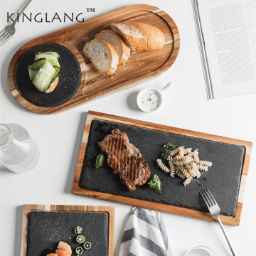 KINGLANG Solid wood snack tray wooden tray black SLATE plate acacia wood wrapped plate western Japanese food plate