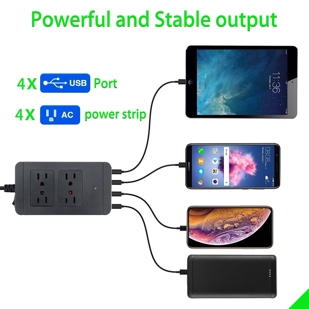 US Plug Power Strip Wall Multiple Socket Portable 4 USB Port for Mobile Phones, UL 60950-1 Cable for Smartphones Tablets