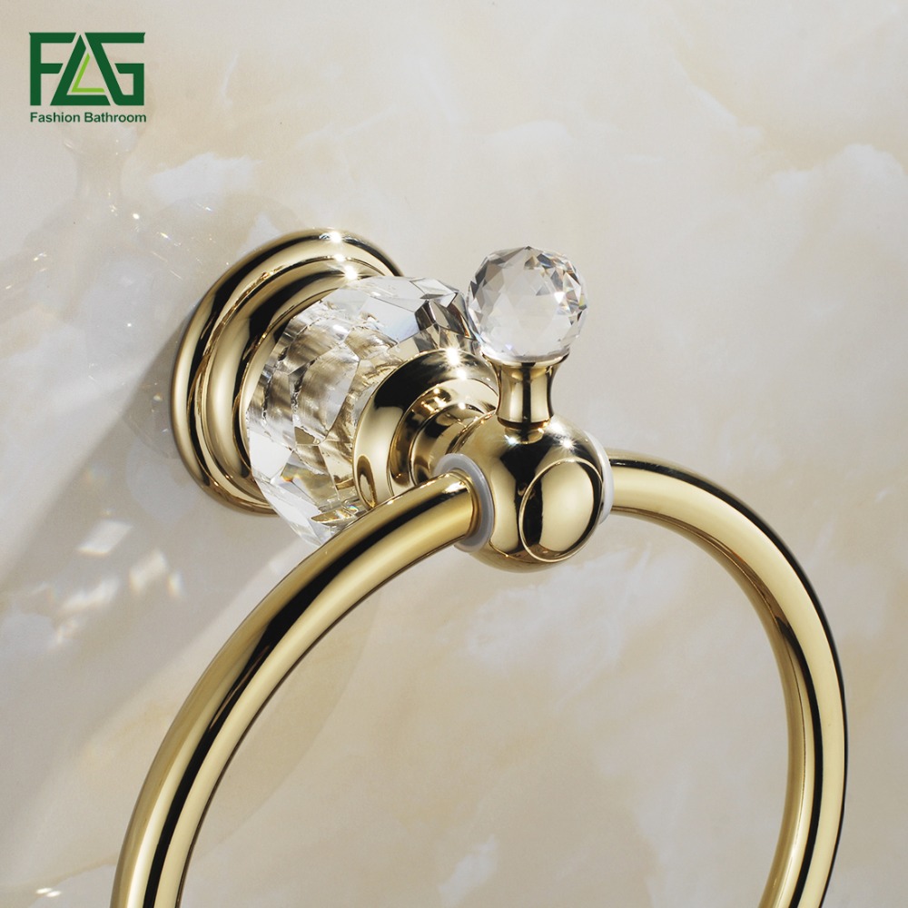 FLG Free Shipping Wholesale and Retail Unique Design Crystal & Golden Towel Ring Wall Mounted Brass Bathroom Towel Rack G154-06G