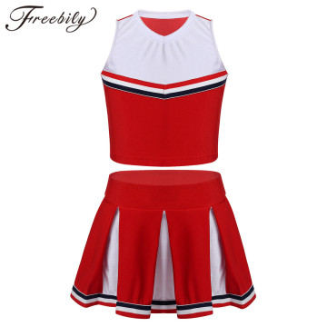 Kids Girls Cheerleading Uniforms Outfit Sleeveless Crop Top with Pleated Skirt Set for Cosplay Performance Cheerleader Costume