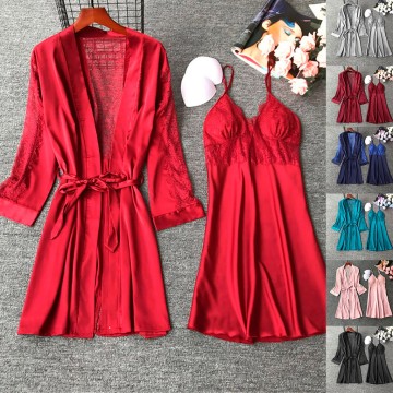 Plus Size S-3XL Women Pajamas Sets Satin Sleepwear Silk 2 Pieces Nightwear Pyjama Spaghetti Strap Lace Sleep Lounge Pijama#W