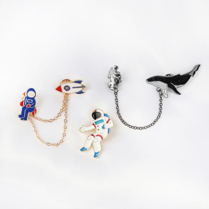 1 Pcs Metal Chain Series Pin Planet Astronaut Dolphin Ship Girl Enamel Brooch Collar Pin Clothing Accessories