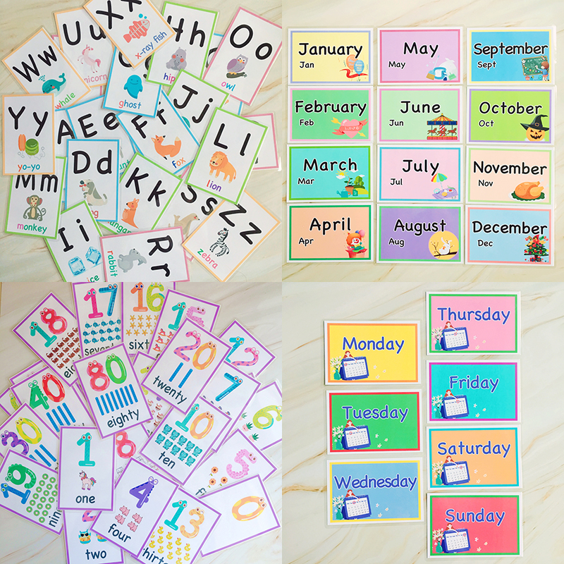 74Pcs 12 months/7 Days/Number/Alphabet Montessori Preschool Toys Learn English Pocket Flash Card for Children Educational Words
